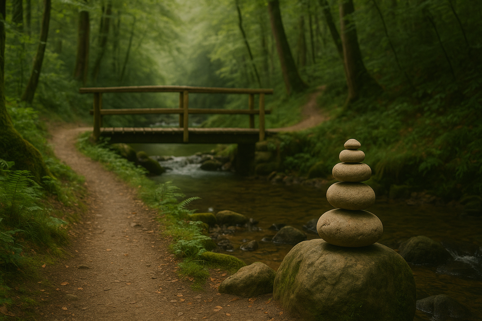 Staza kroz šumu vodi do drvenog mosta preko potoka, a u prvom planu nalazi se naslagano kamenje na velikom kamenu.