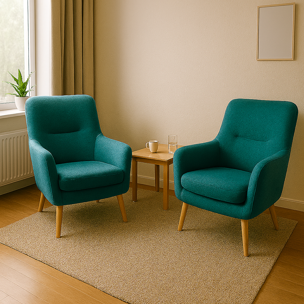 Terapeut i klijent sjede jedan nasuprot drugome u ugodnom, profesionalnom okruženju.